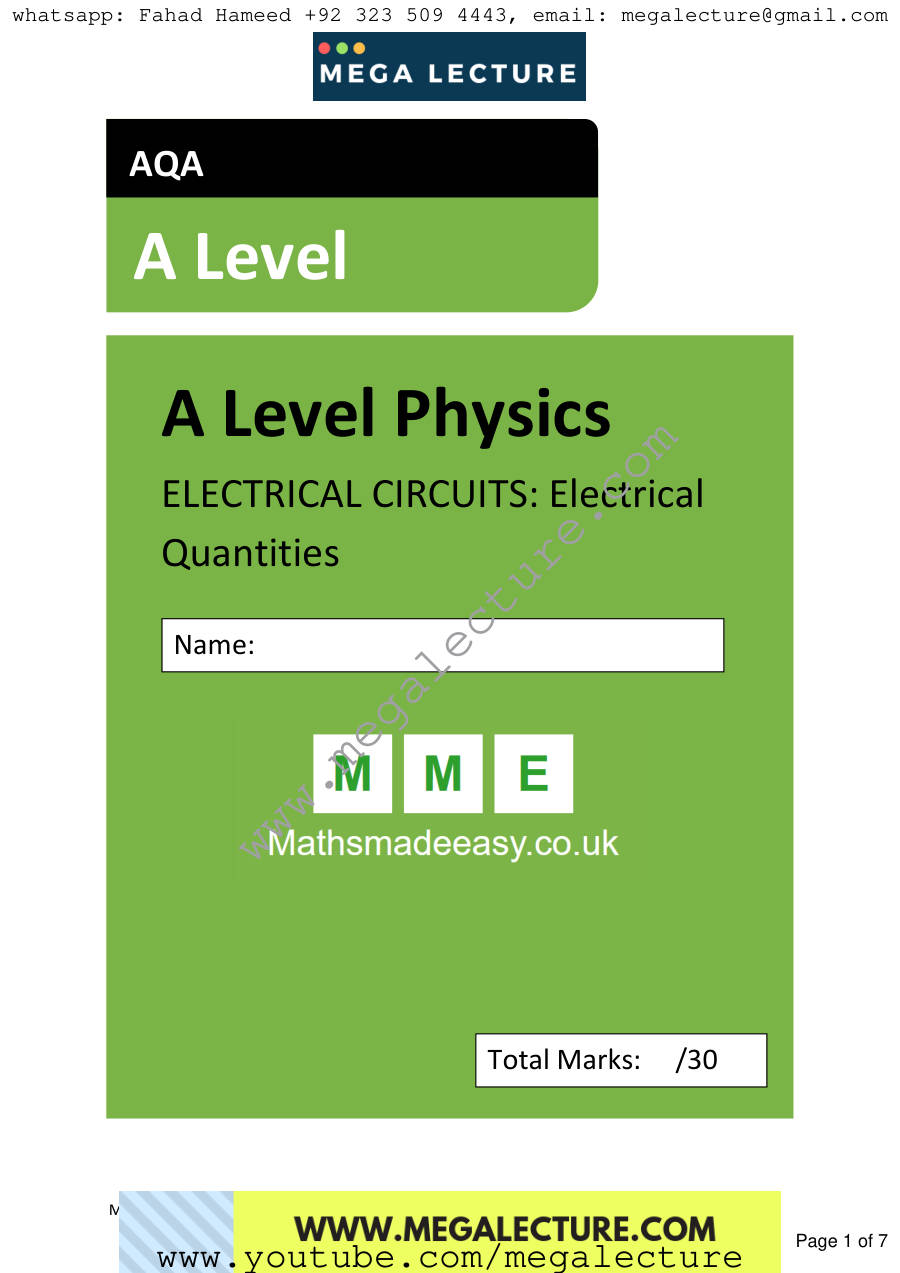 Page 1 of AS Physics Electrical Quantities Questions — Questions