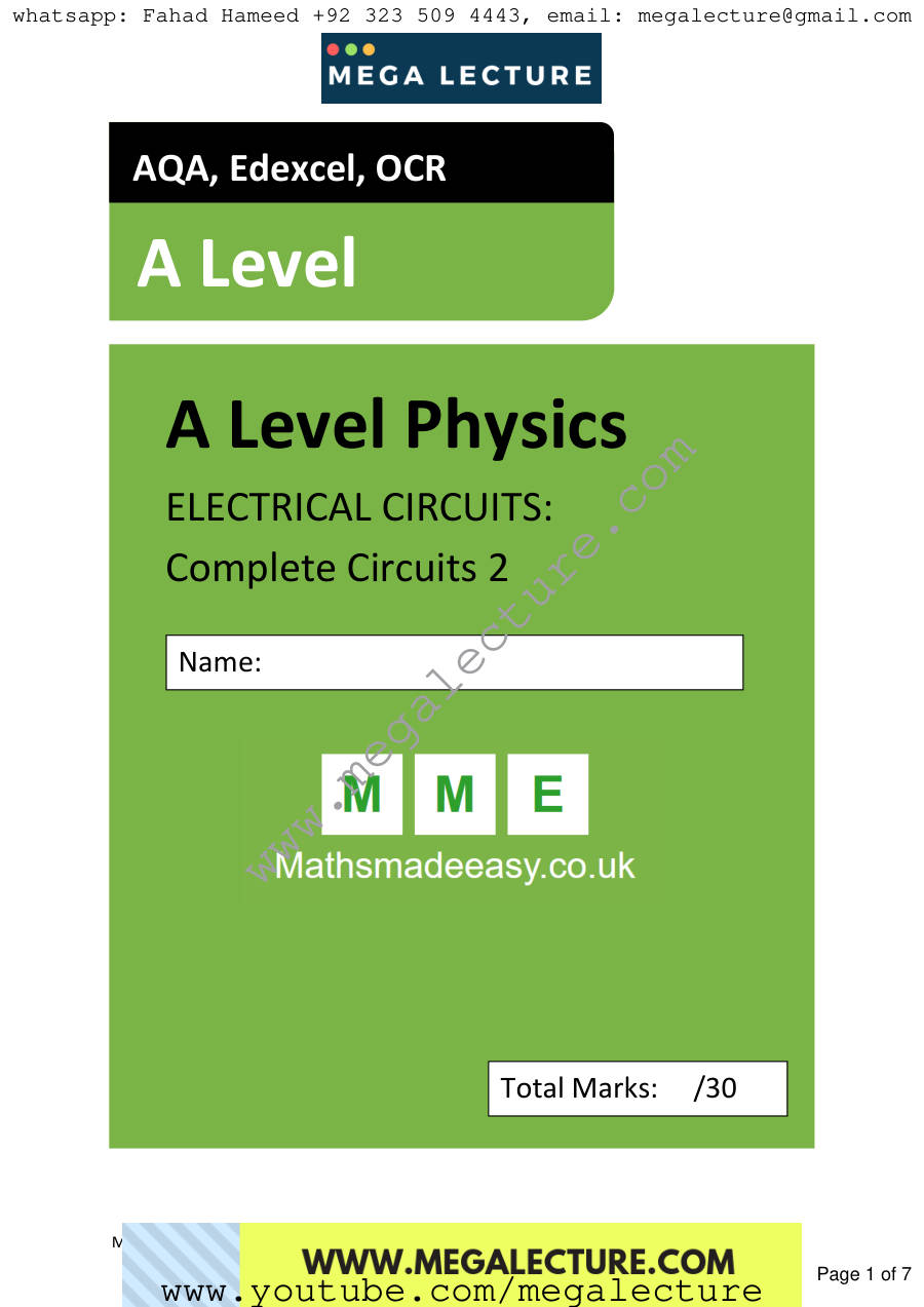 Page 1 of AS Physics Electricity Complete Circuits 2 Questions — Questions