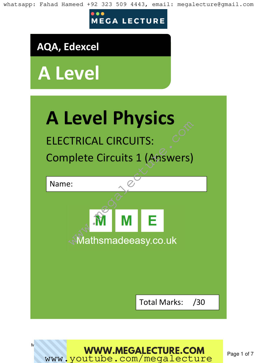 Page 1 of AS Physics Electricity Complete Circuits Answers — Answers