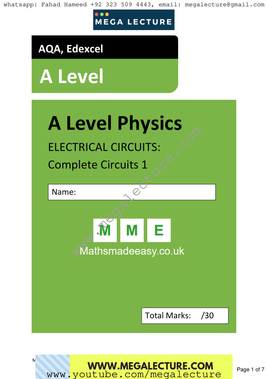 Page 1 of AS Physics Electricity Complete Circuits Questions — Questions