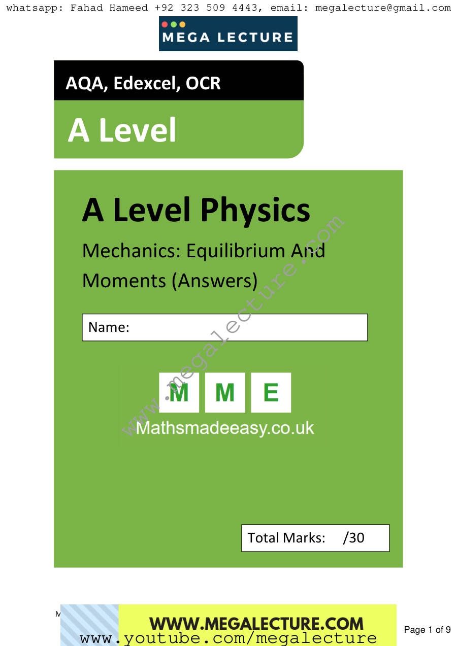 Page 1 of AS Physics Equilibrium And Moments Answers — Answers