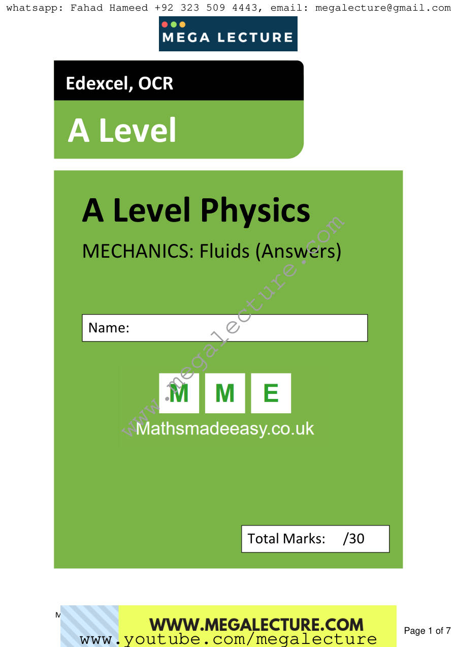 Page 1 of AS Physics Mechanics Fluids Answers — Answers