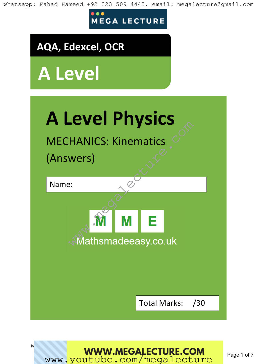 Page 1 of AS Physics Mechanics Kinematics Answers — Marking scheme