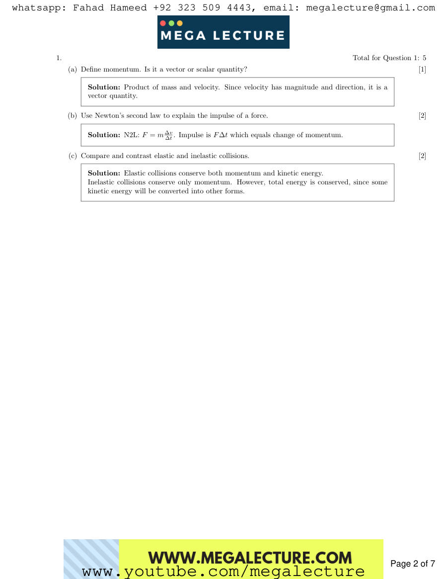 Page 2 of AS Physics Mechanics Momentum And Collisions Answers — Marking scheme