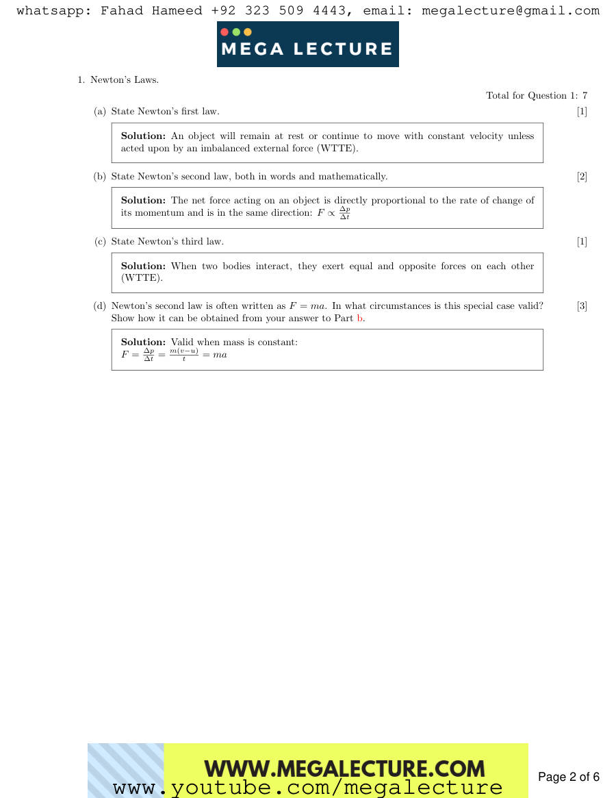 Page 2 of AS Physics Mechanics Newtons Laws Answers — Marking scheme