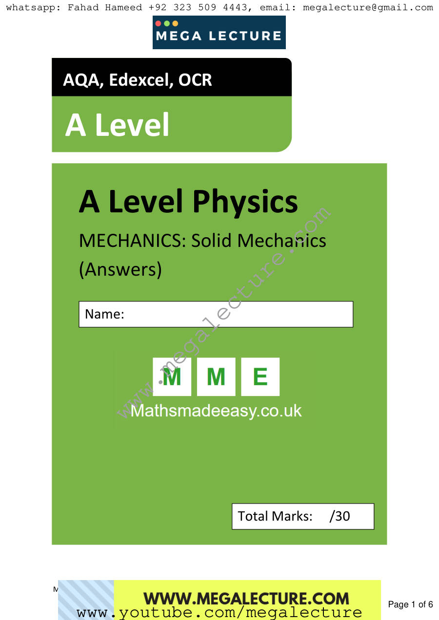 Page 1 of AS Physics Solid Mechanics Answers — Answers