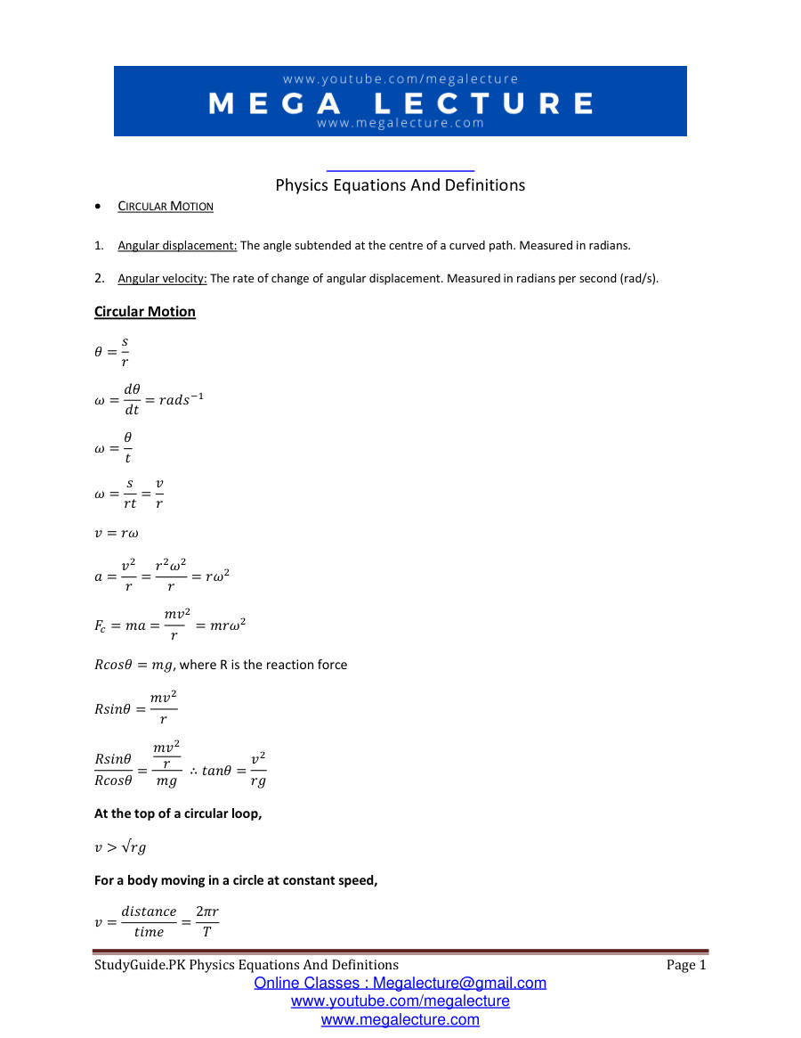 Page 1 of Equations And Definitions