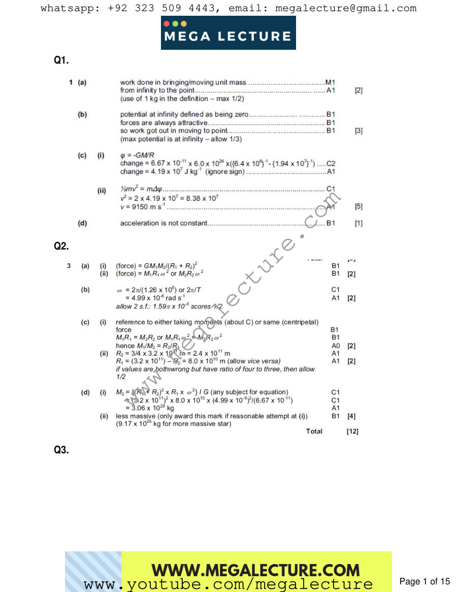 Page 1 of Gravitation — Marking scheme