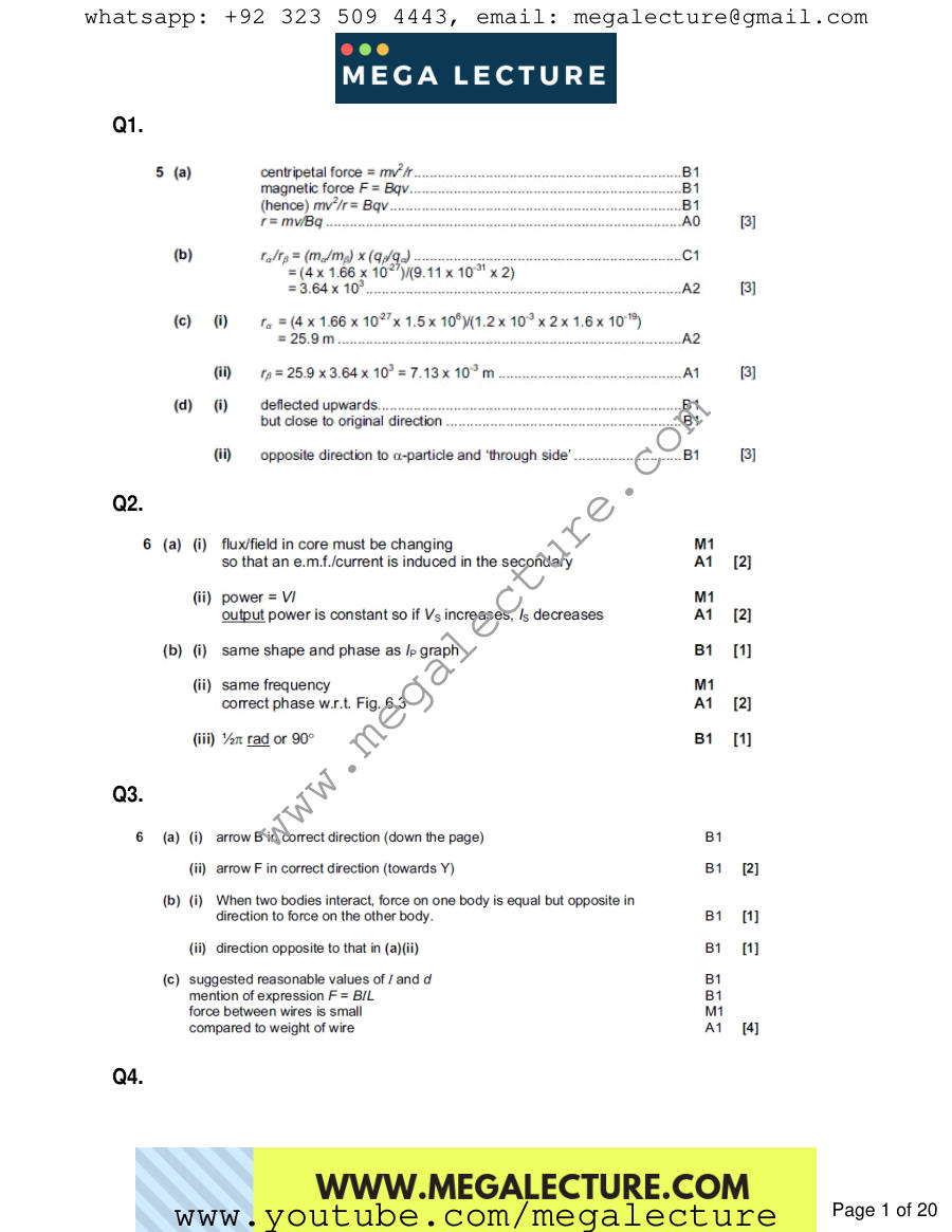 Page 1 of Magnetism And Electromagnetism — Marking scheme