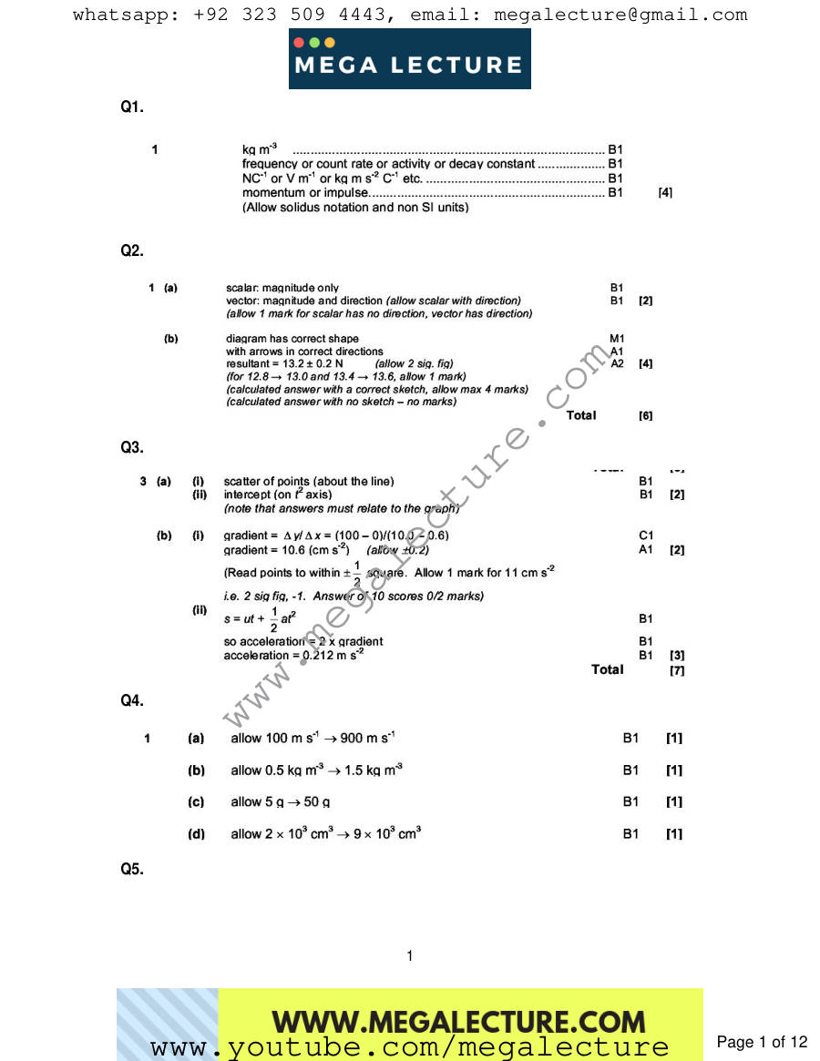 Page 1 of Physical Quantities And Measure — Marking scheme