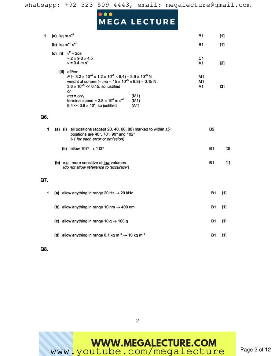 Page 2 of Physical Quantities And Measure — Marking scheme