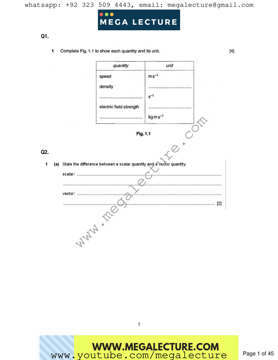 Page 1 of Physical Quantities And Measure — Questions