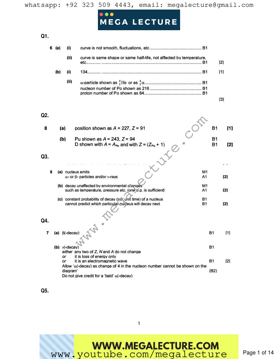 Page 1 of Radioactivity 1 — Marking scheme