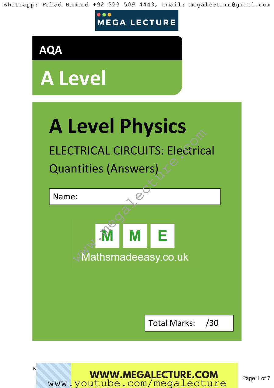 Page 1 of AS Physics Electrical Quantities Answers 1 — Answers