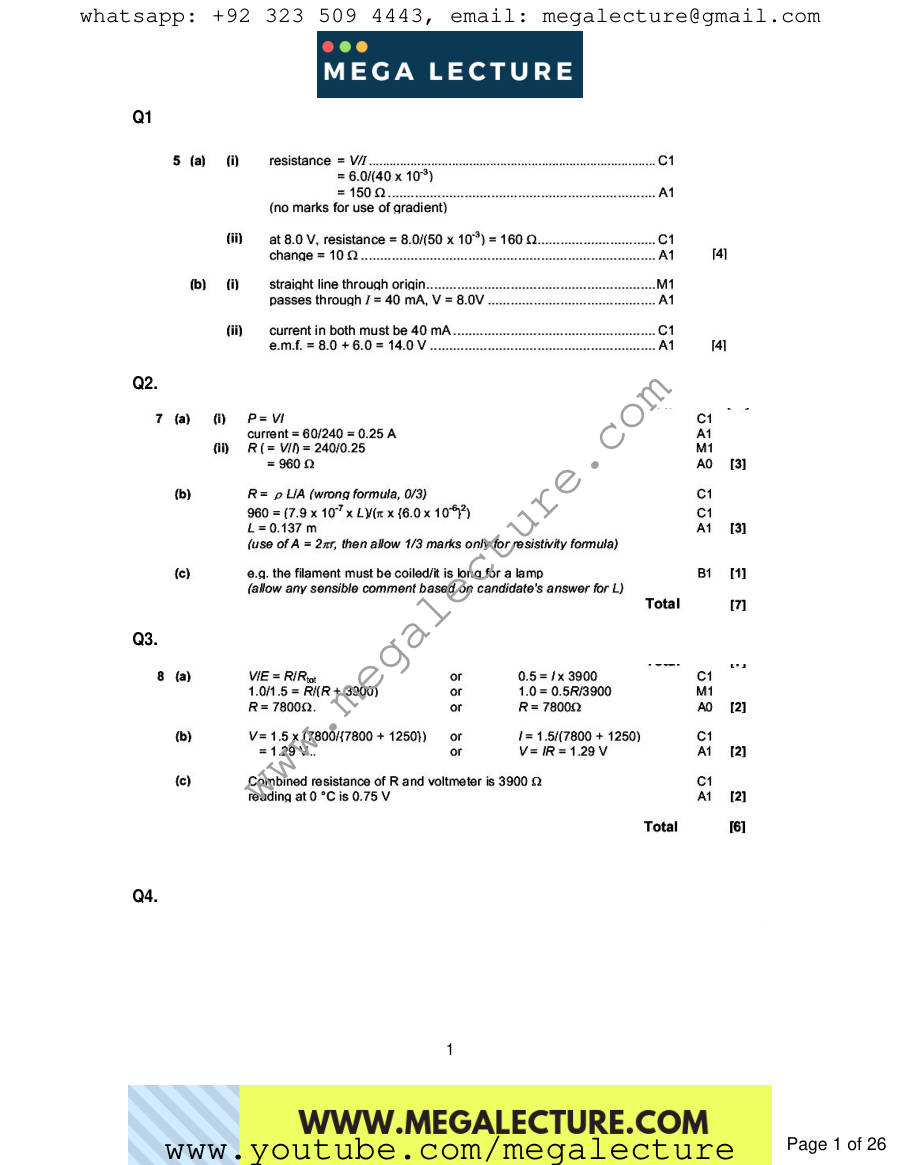 Page 1 of Electricity — Marking scheme