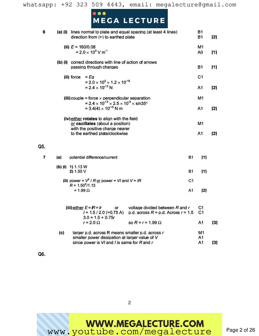 Page 2 of Electricity — Marking scheme