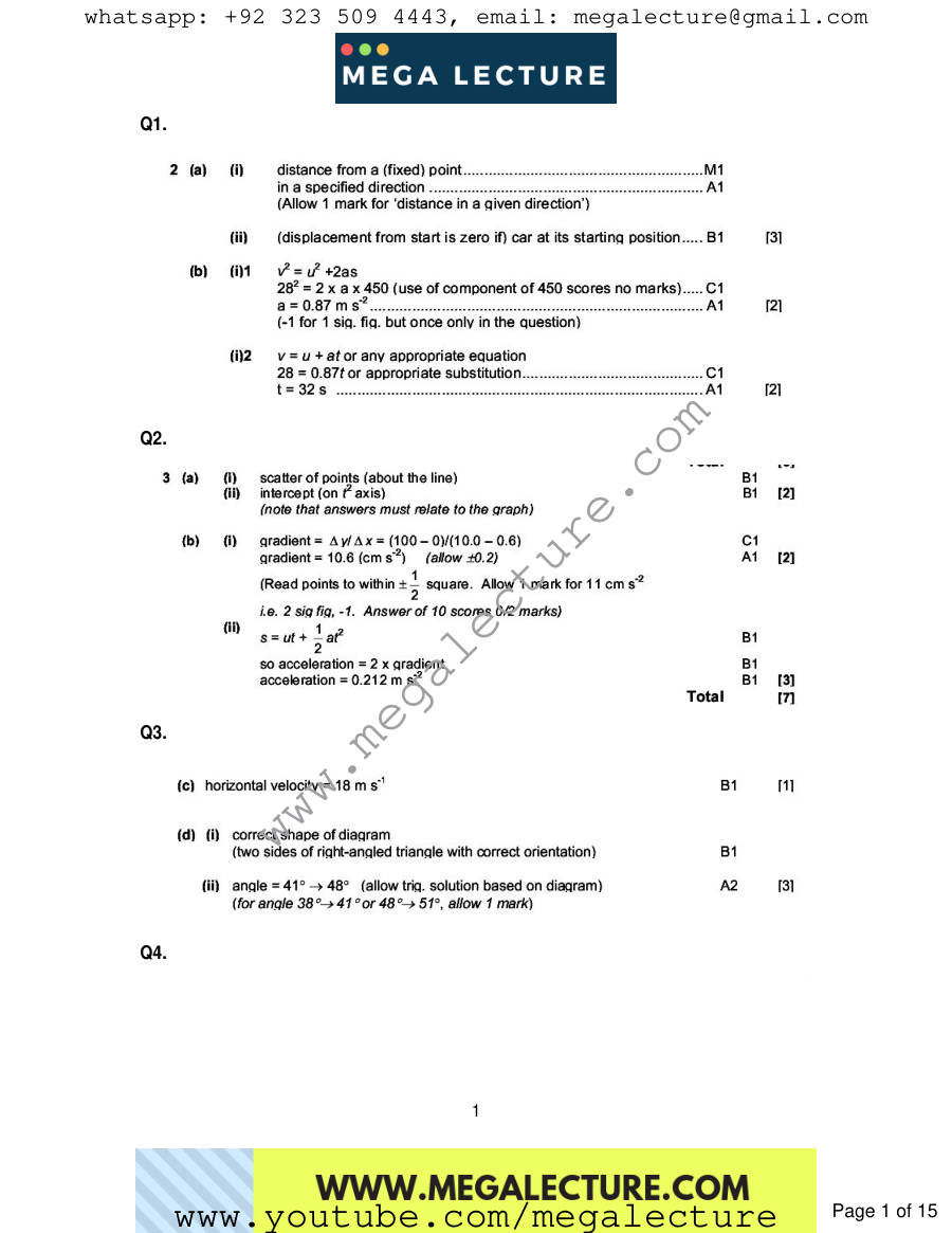Page 1 of Kinematics — Marking scheme