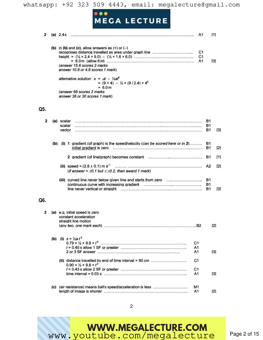 Page 2 of Kinematics — Marking scheme