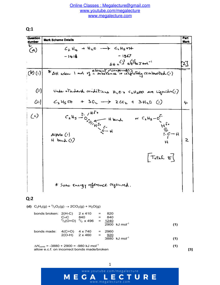 Page 1 of Energy Changes — Marking scheme