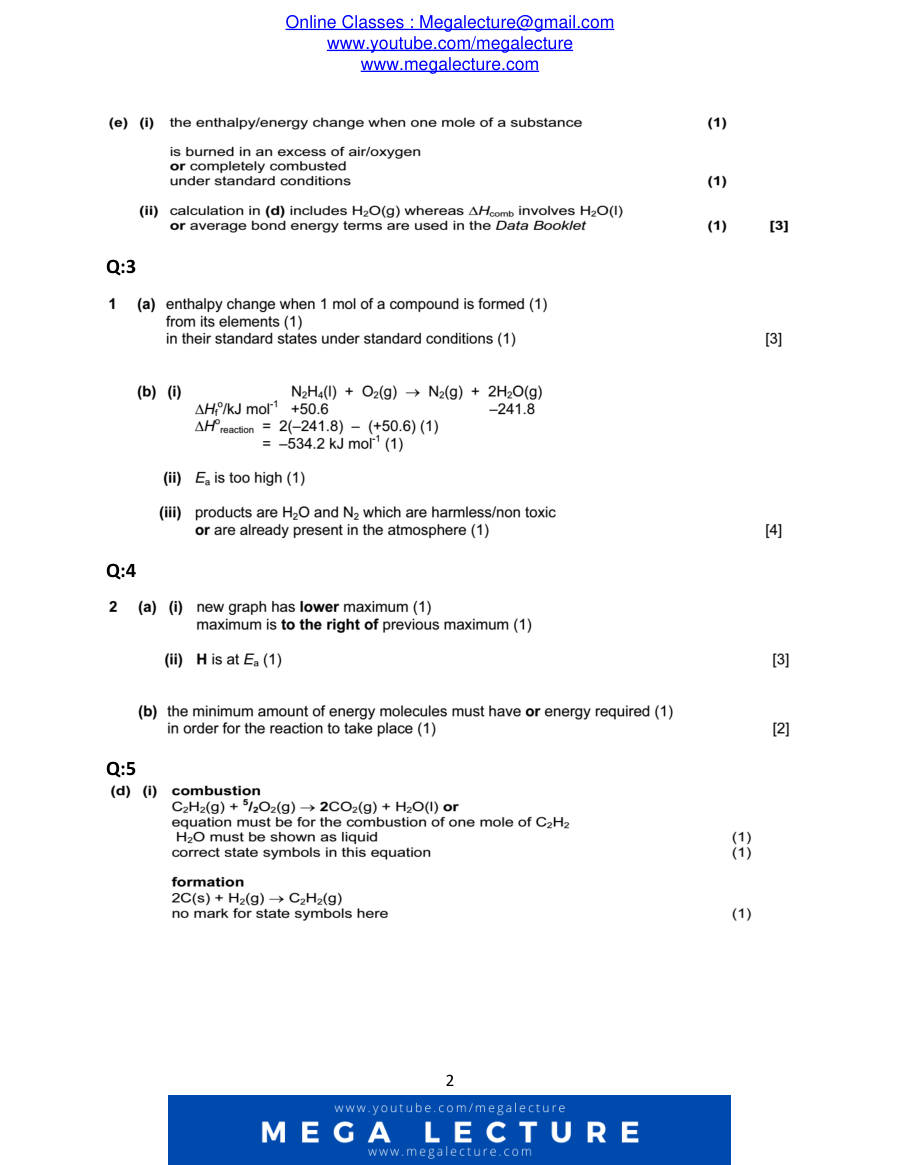 Page 2 of Energy Changes — Marking scheme