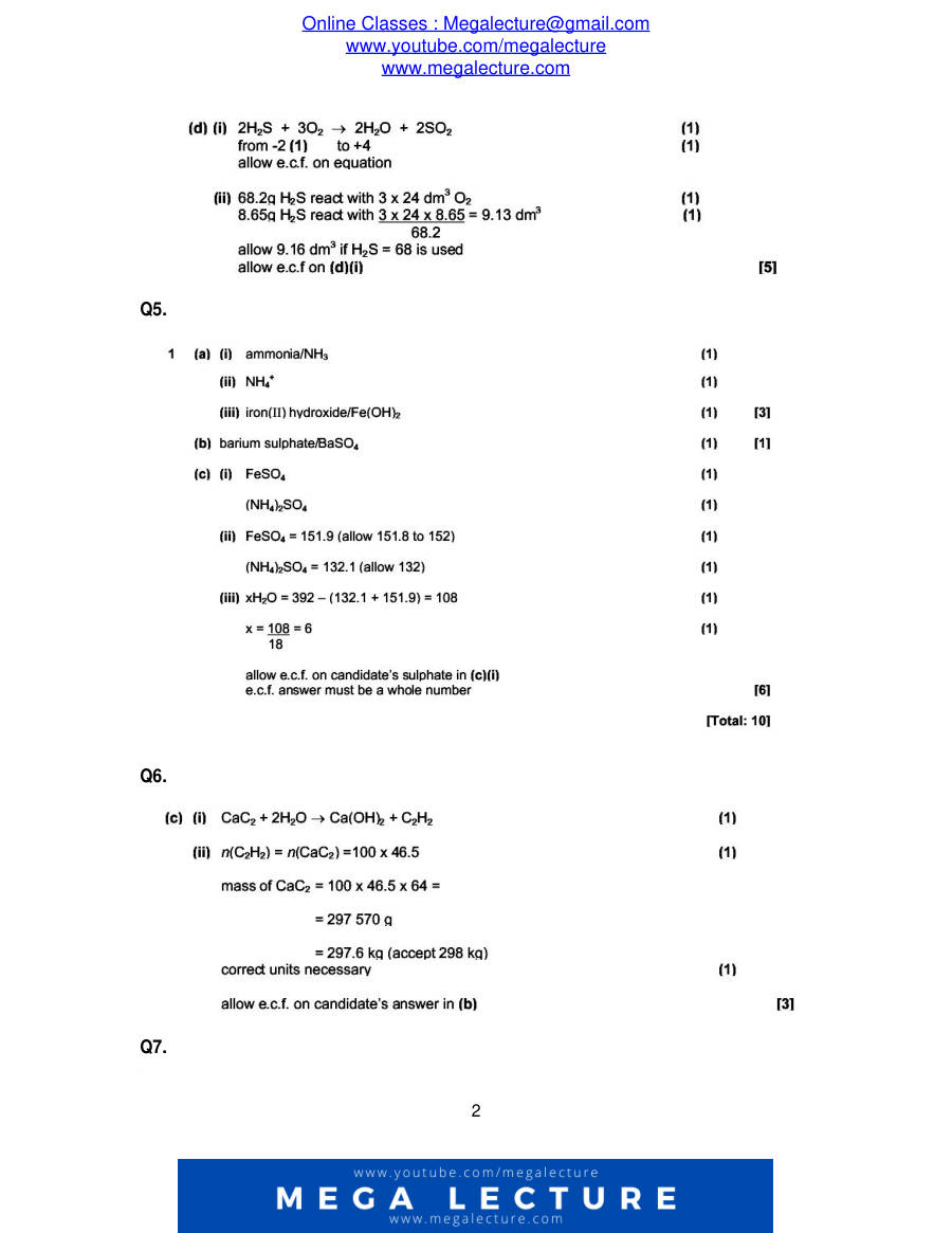 Page 2 of Moles — Marking scheme