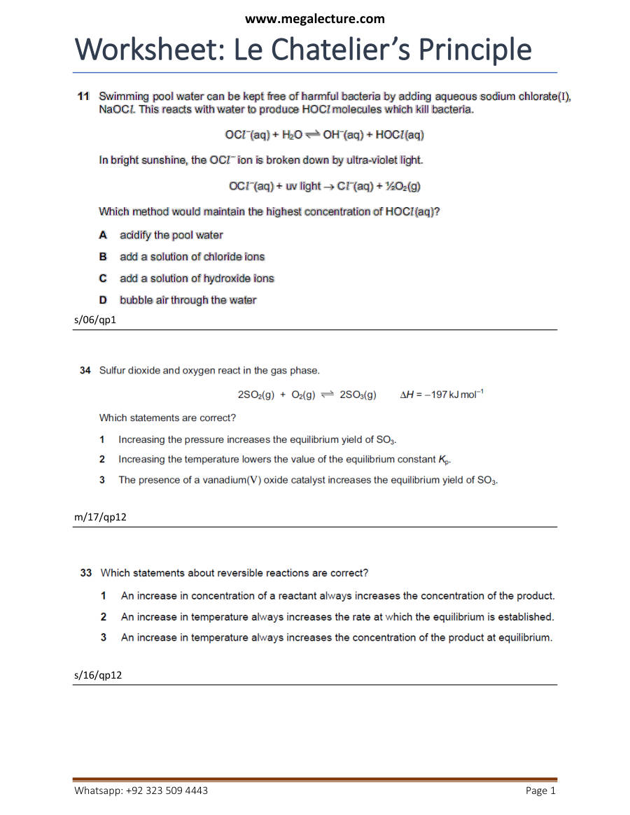 Page 1 of Le Chatelier — Worksheet