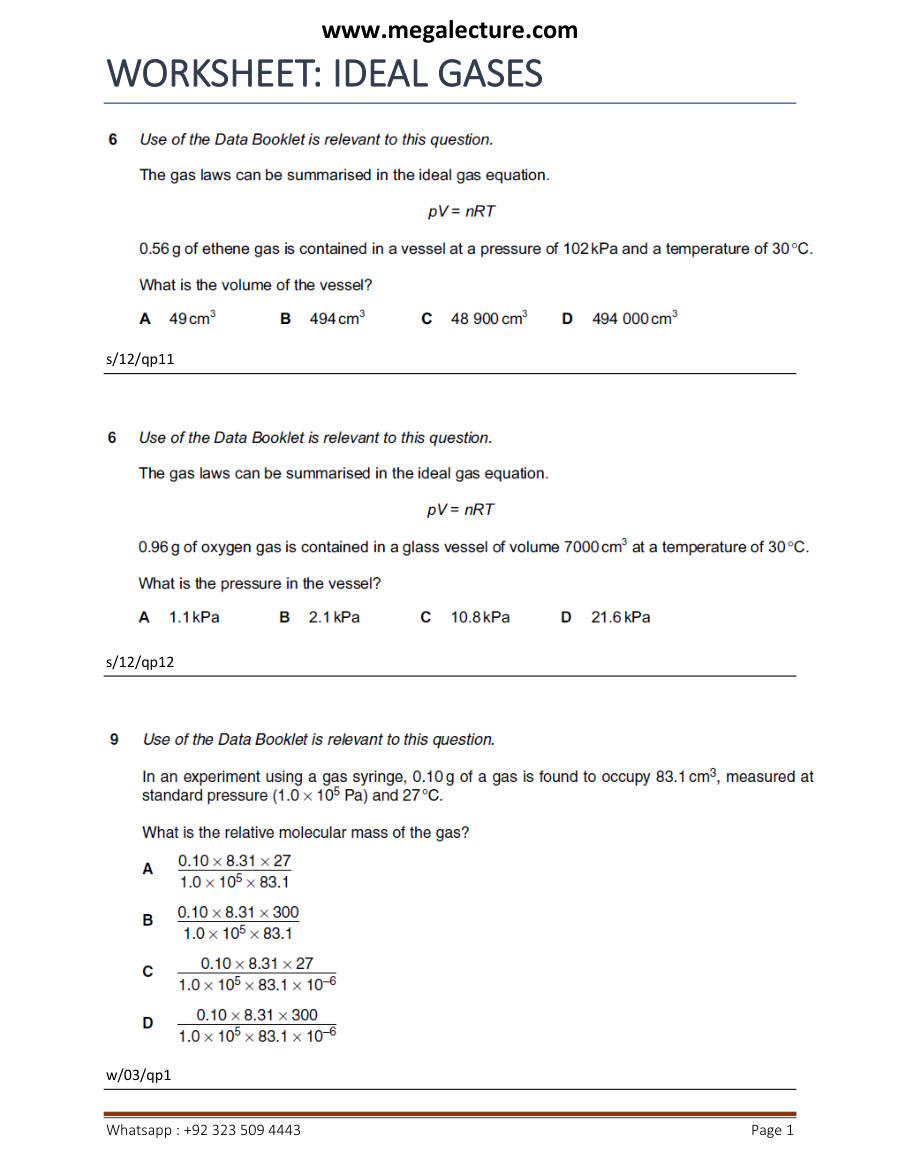 Page 1 of Ideal Gases — Worksheet