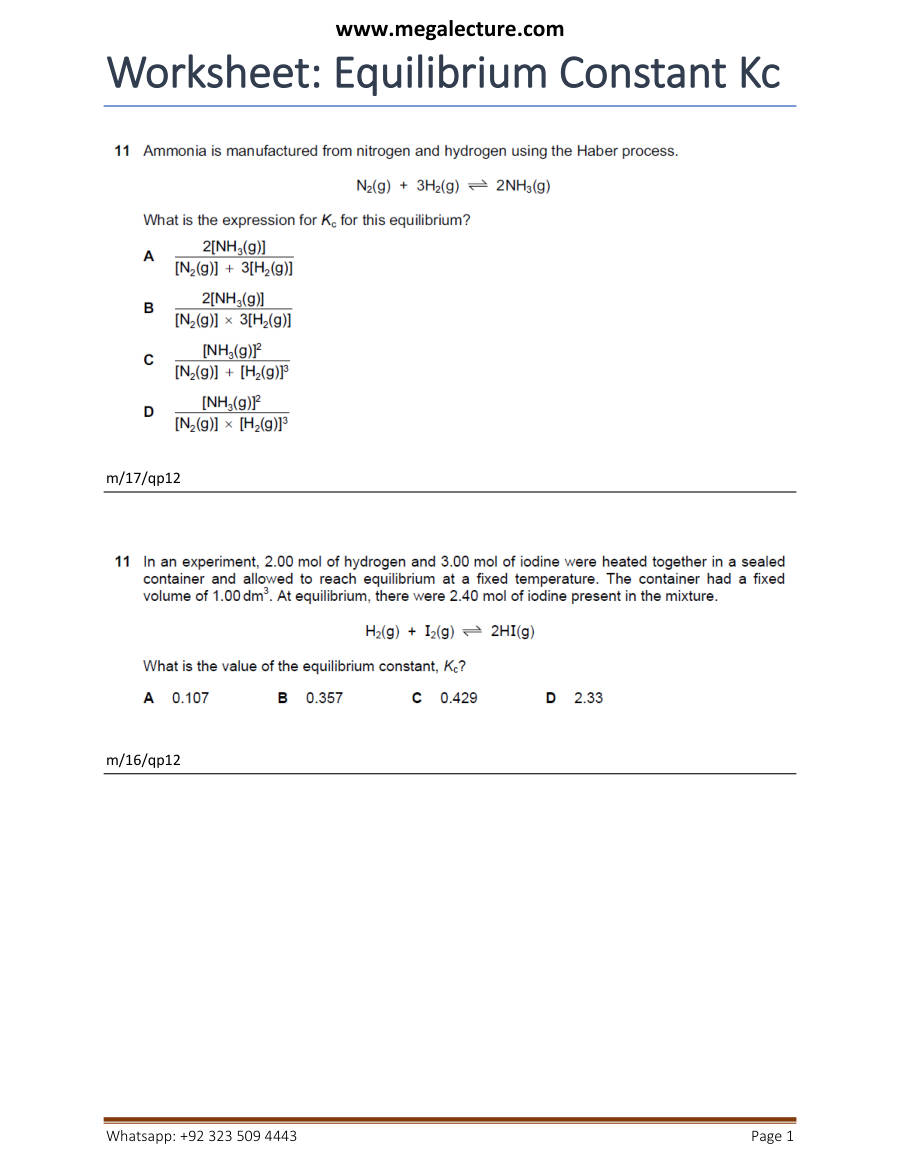 Page 1 of Equilibriumconstant Kc — Worksheet