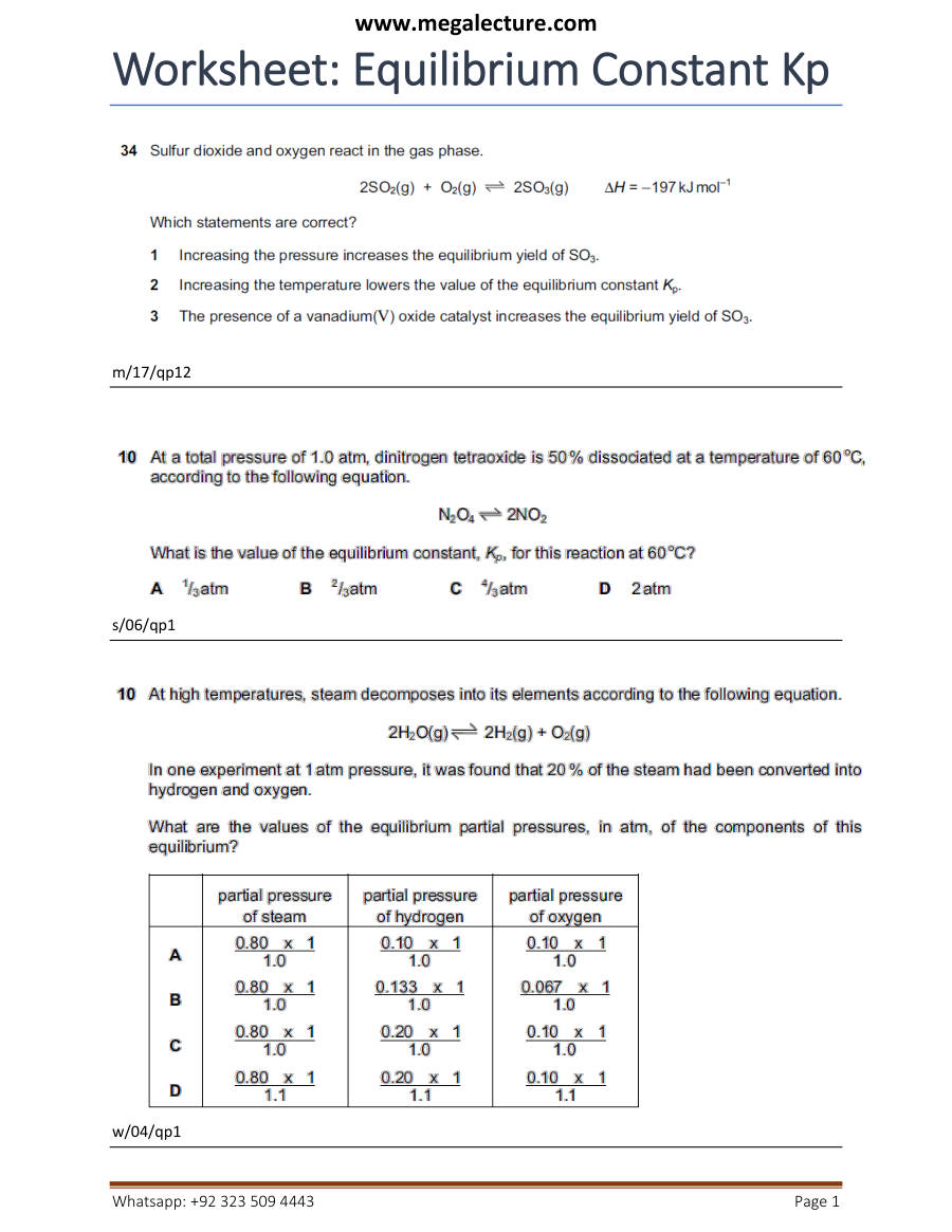 Page 1 of Equilibriumconstant Kp — Worksheet