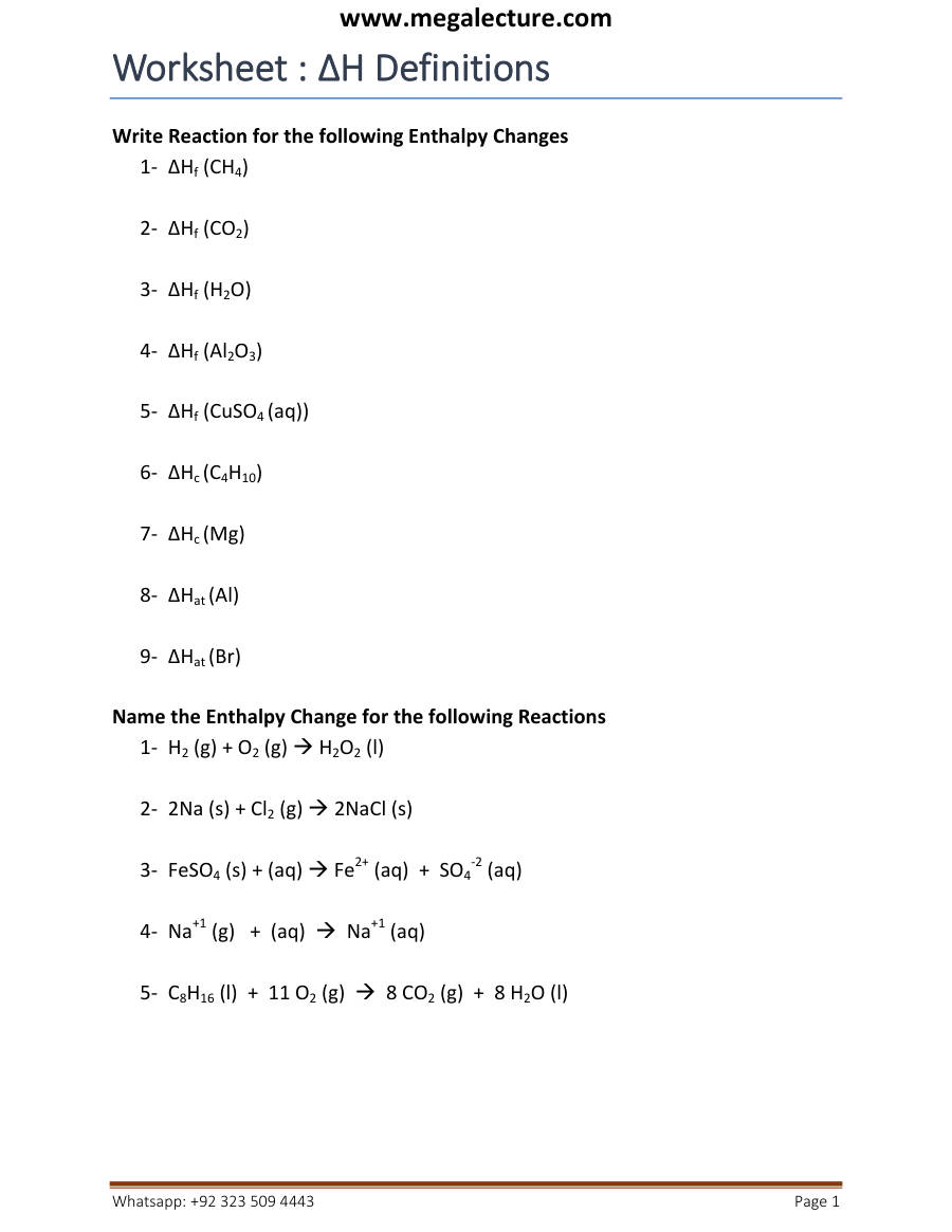 Page 1 of Energetics Enthalpydefinitions — Worksheet