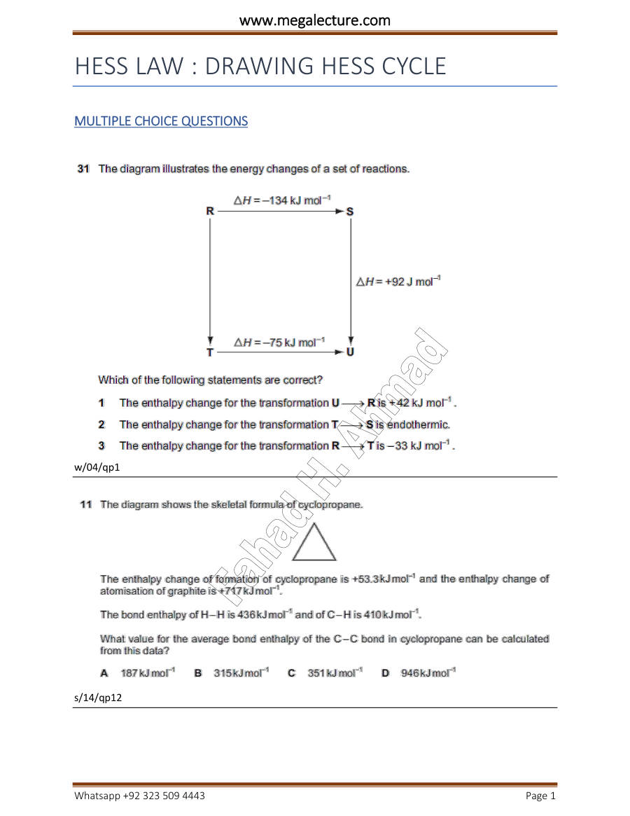 Page 1 of Drawing Hess Cycle — Worksheet