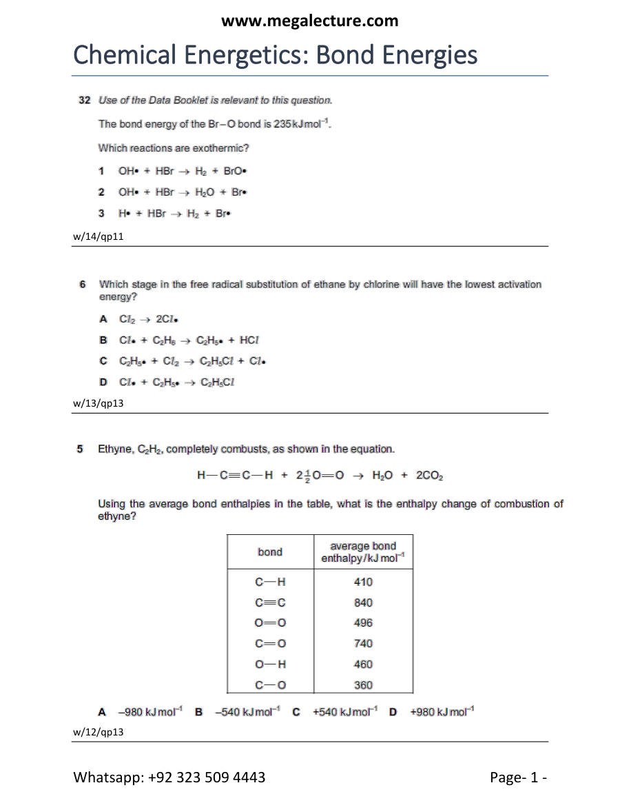 Page 1 of Energetics Bondenergy — Worksheet