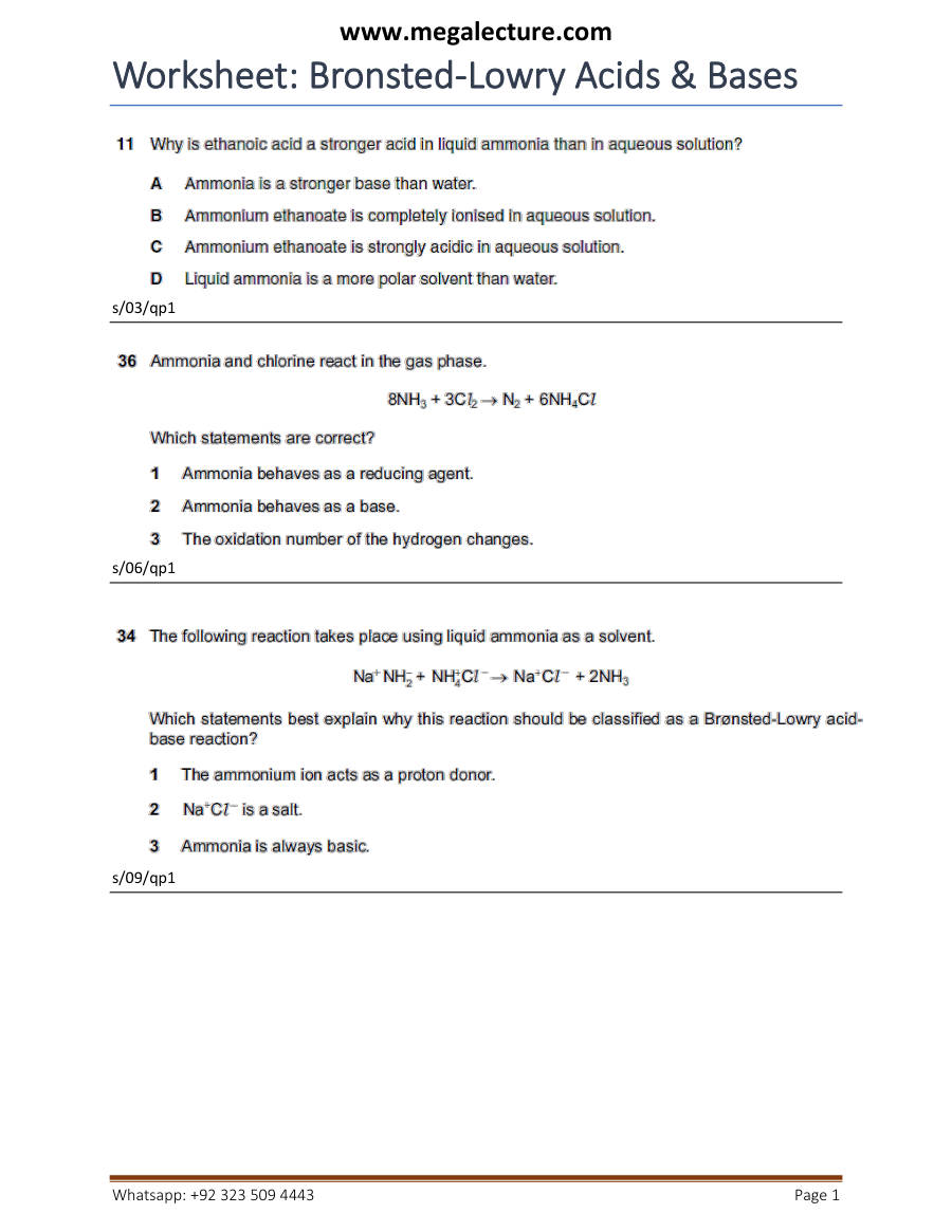 Page 1 of Bronstedlowryacidsbases — Worksheet