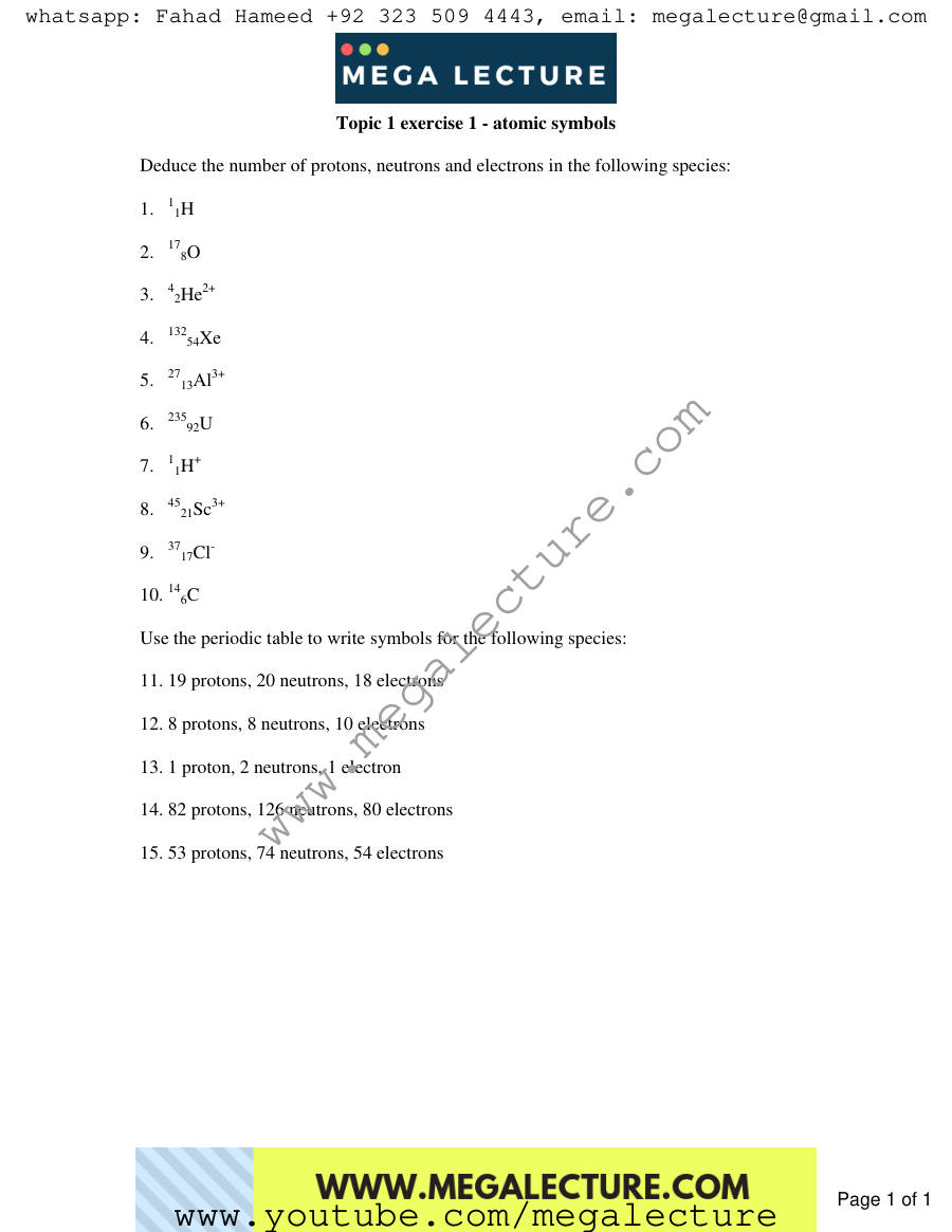 Page 1 of Exercise Atomic Symbols — Worksheet
