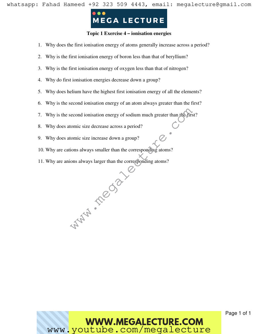 Page 1 of Exercise Ionisation Energies — Worksheet