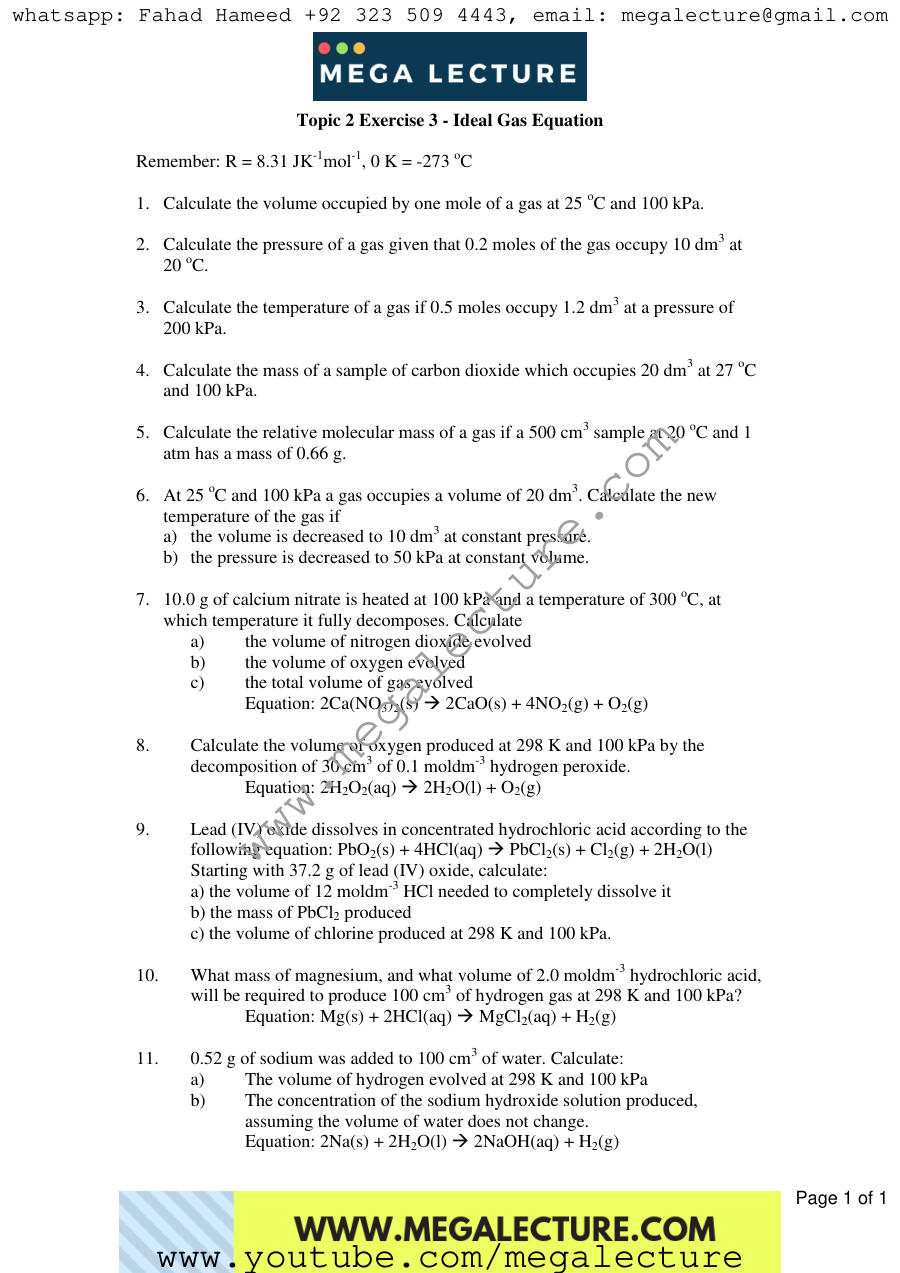 Page 1 of Exercise Ideal Gas Equation1 — Worksheet