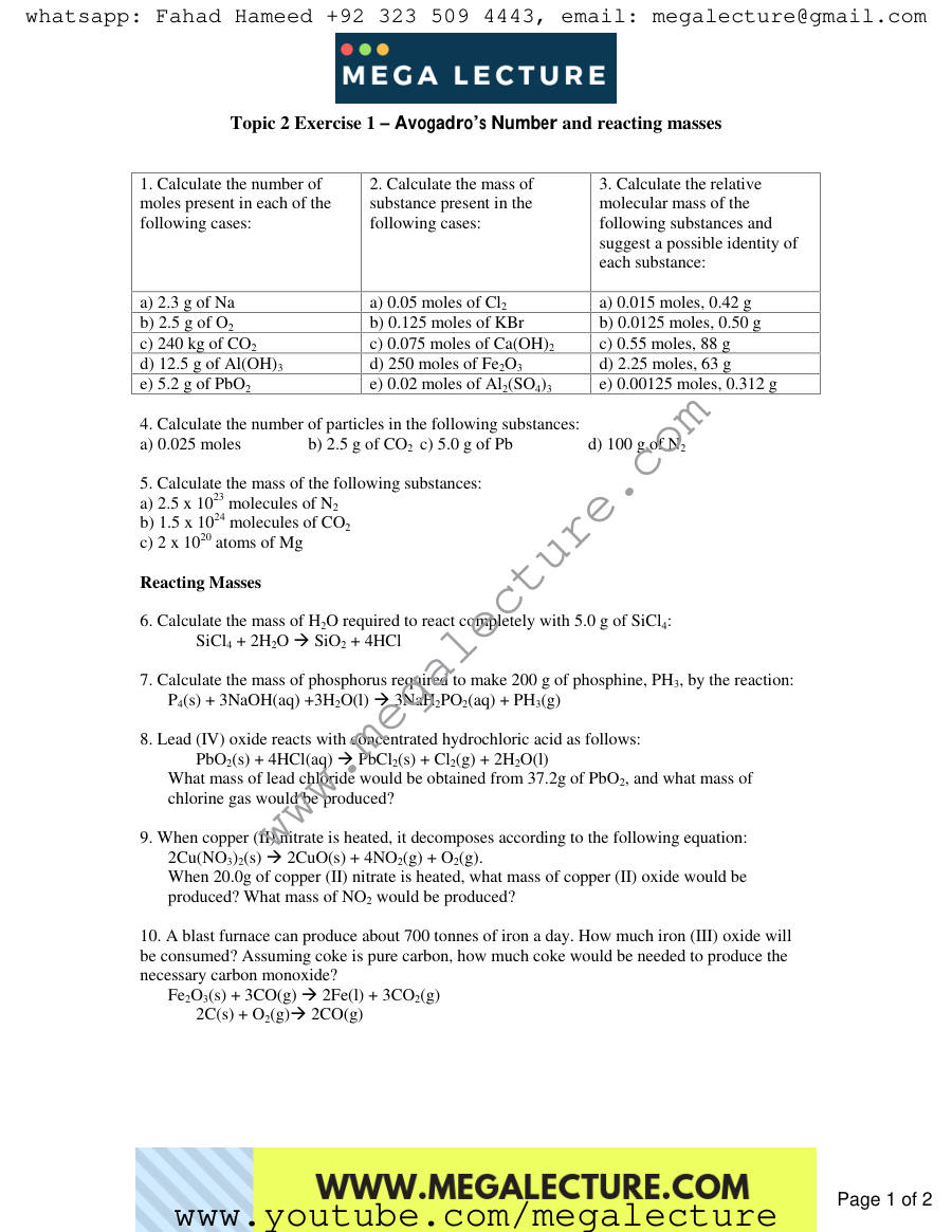 Page 1 of Exercise Using Moles And Reacting Masses — Worksheet
