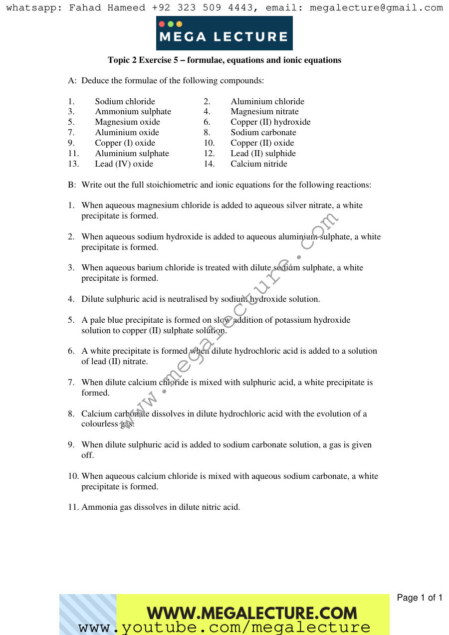 Page 1 of Exercise Ionic Equations — Worksheet