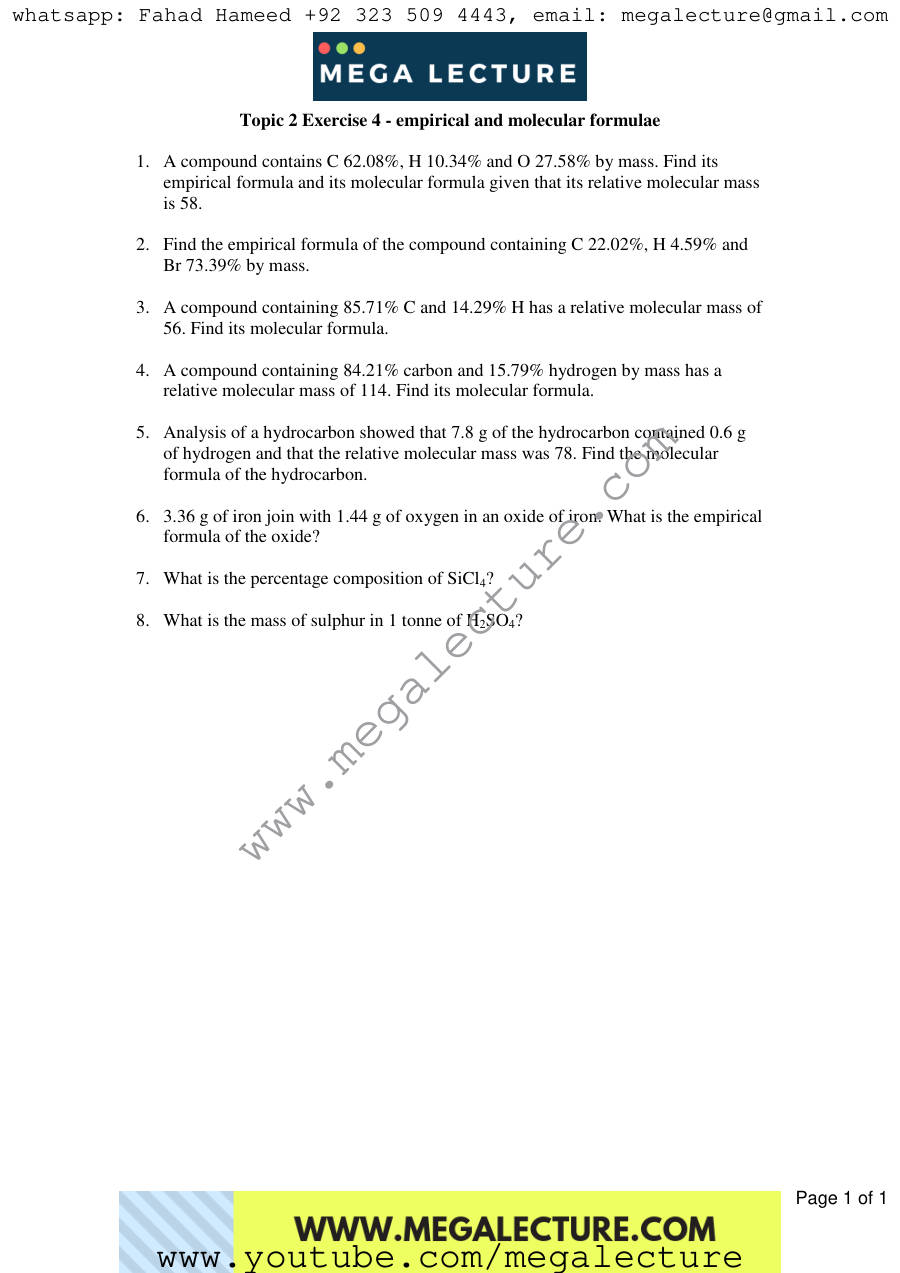 Page 1 of Exercise Empirical And Molecular Formulae — Worksheet