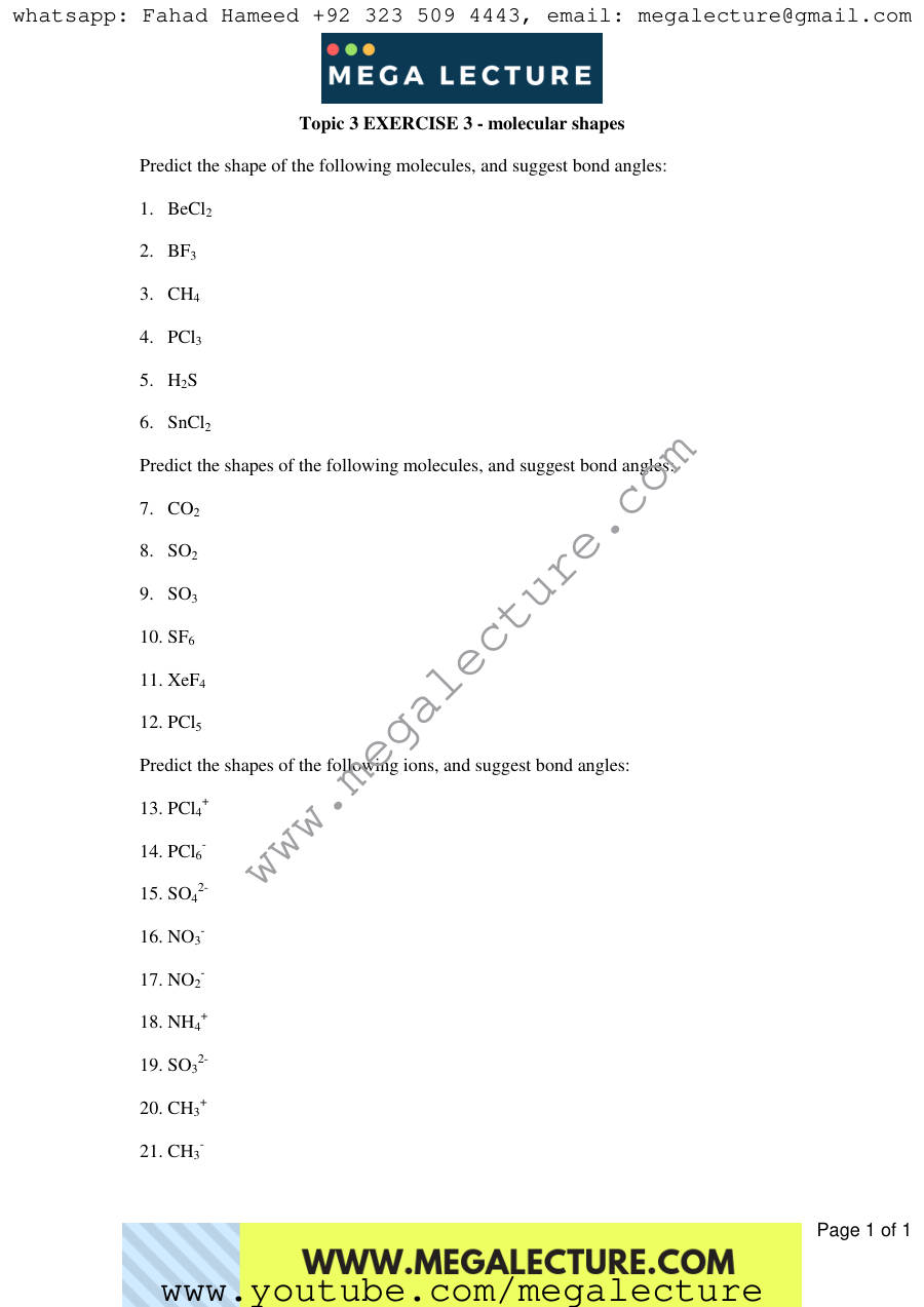 Page 1 of Exercise Molecular Shapes — Worksheet
