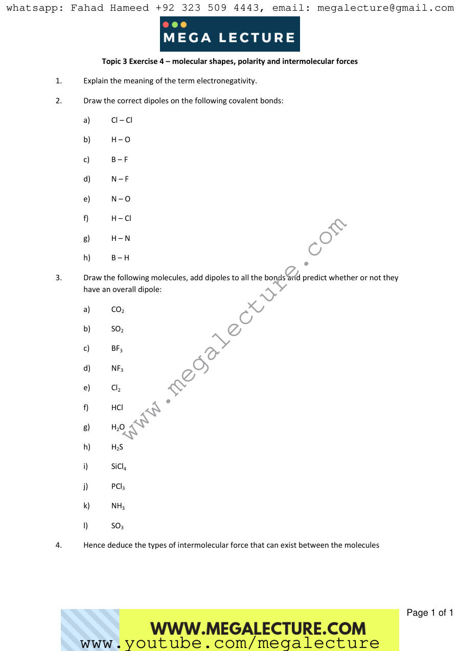 Page 1 of Exercise Shapes Polarity And Intermolecular Forces — Worksheet