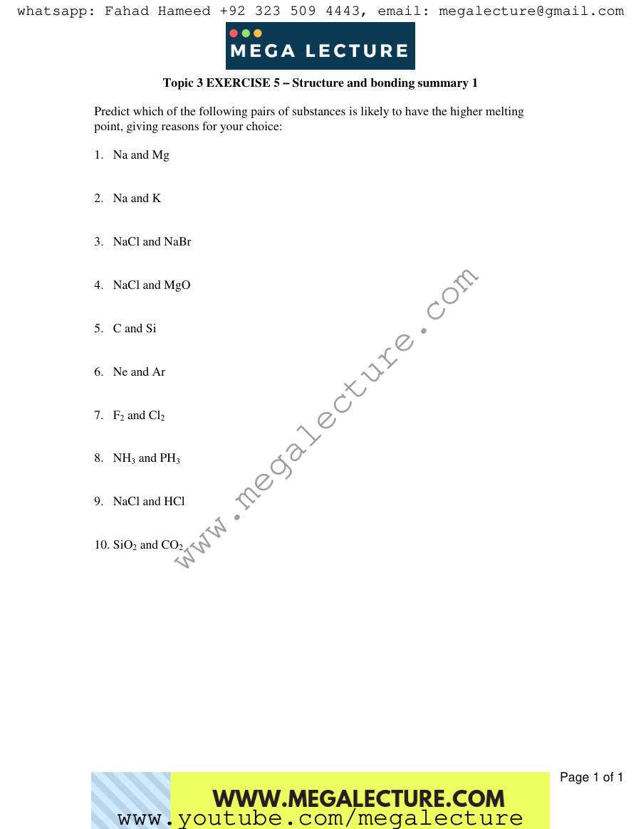 Page 1 of Exercise Structure And Bonding Summary 1 — Worksheet