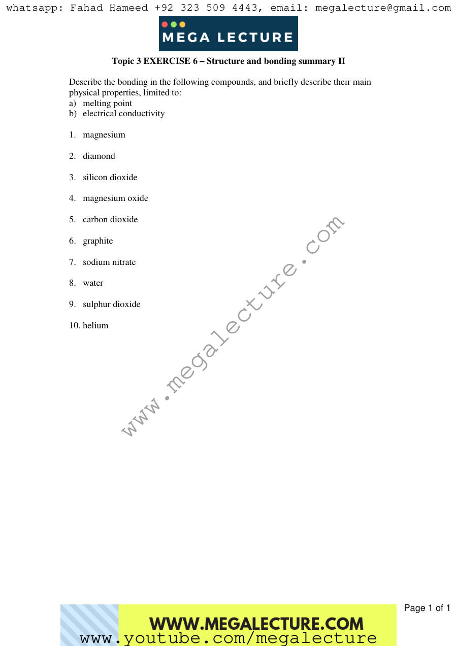 Page 1 of Exercise Structure And Bonding Summary Ii — Worksheet