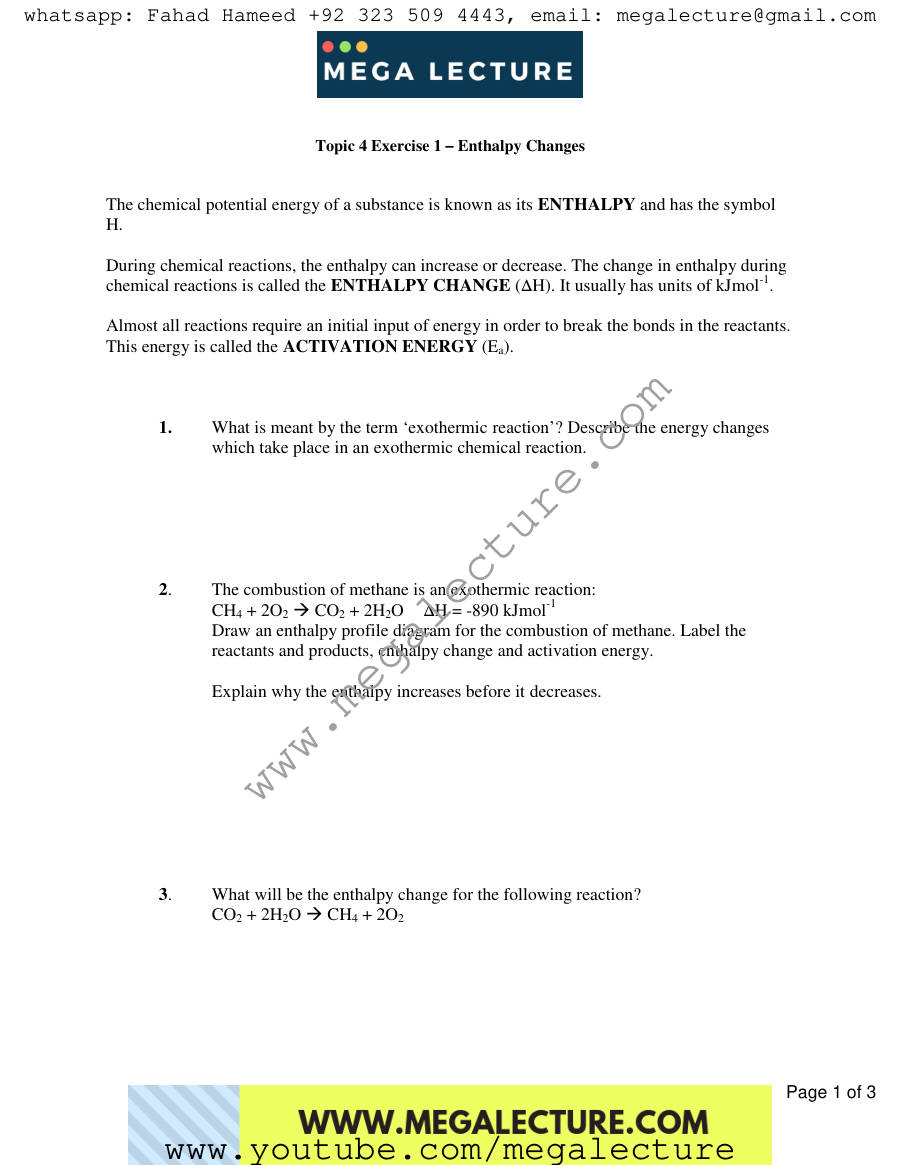 Page 1 of Exercise Energy Changes In Chemical Reactions — Worksheet