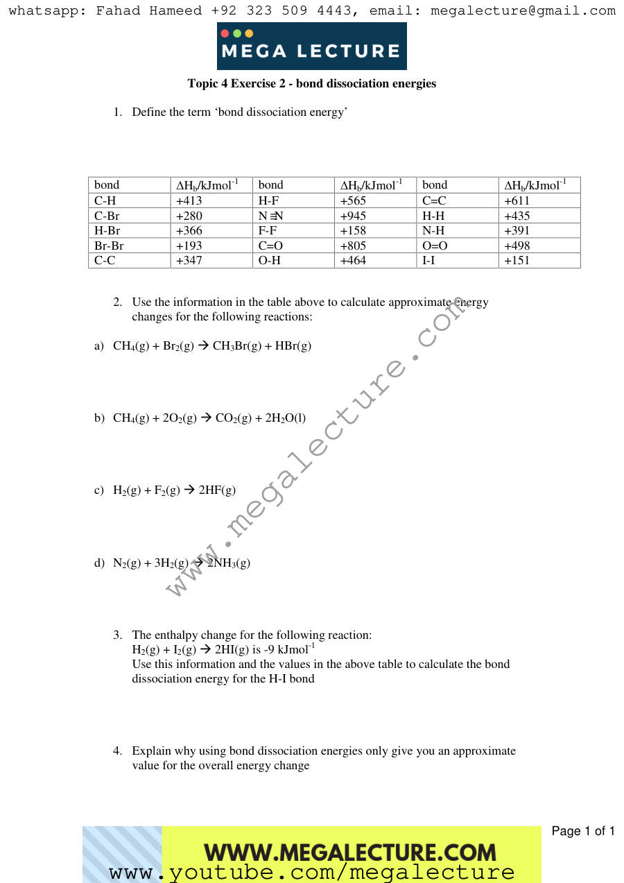 Page 1 of Exercise Bond Dissociation Energies — Worksheet