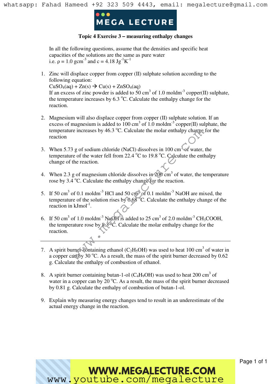 Page 1 of Exercise Measuring Enthalpy Changes — Worksheet