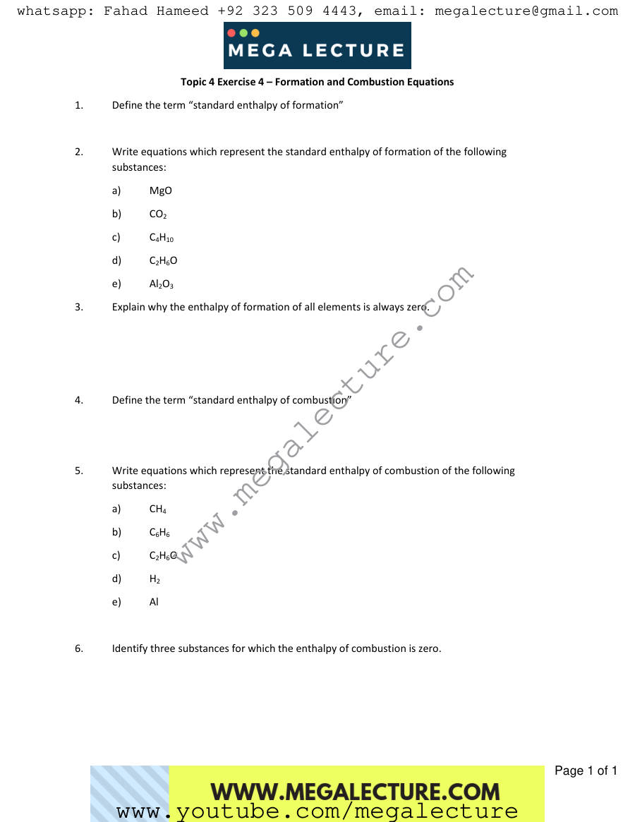 Page 1 of Exercise Formation And Combustion Equations — Worksheet