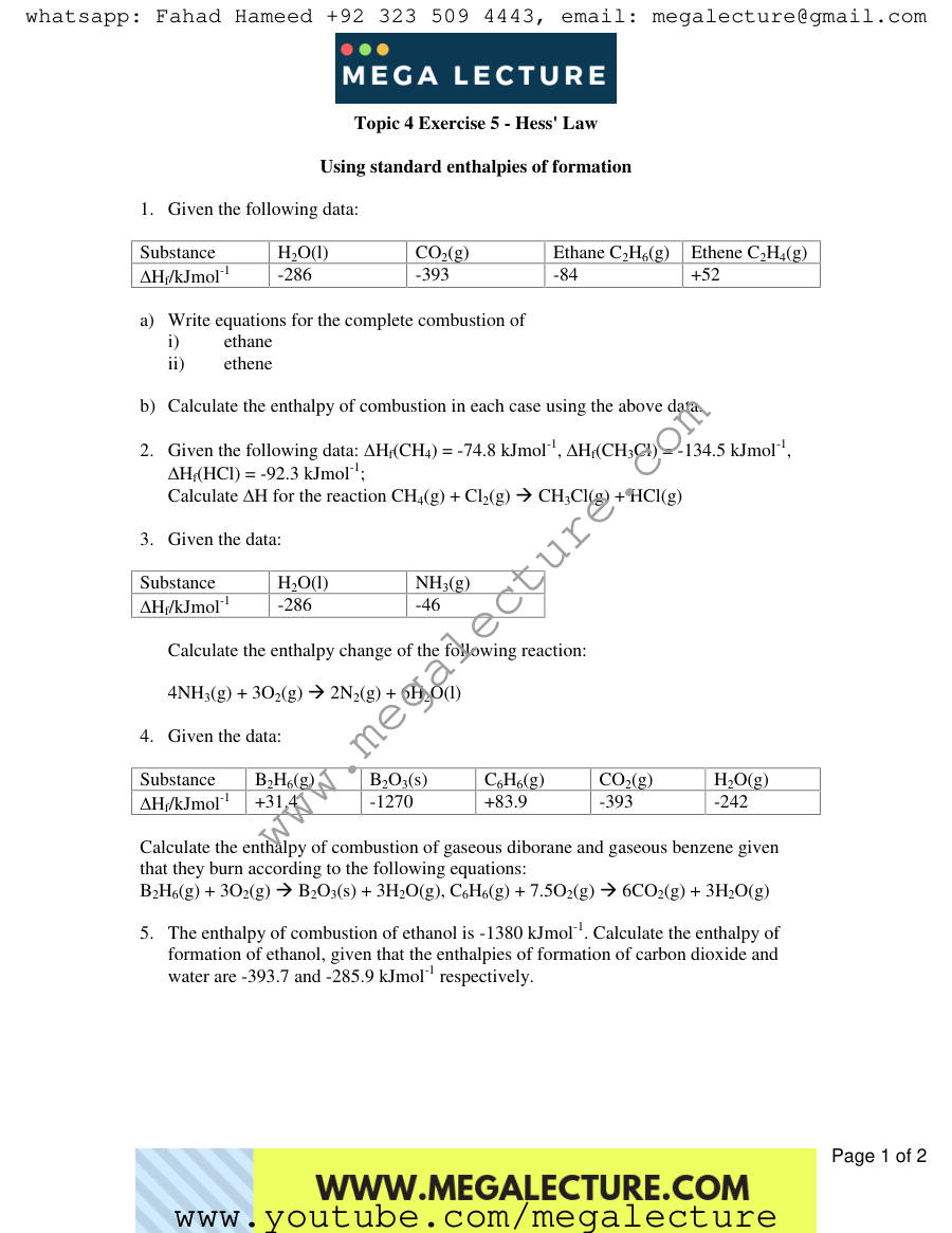 Page 1 of Exercise Hess Law — Worksheet