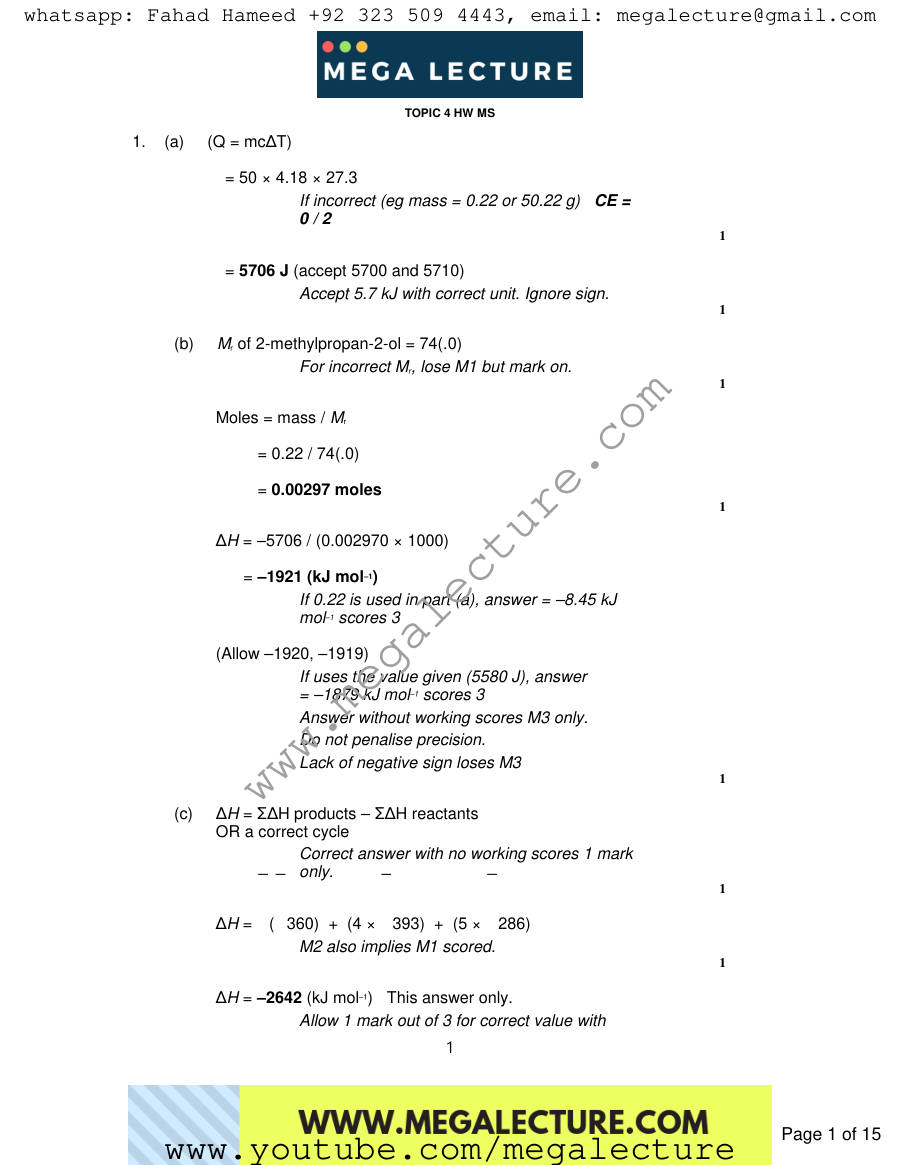 Page 1 of Notes — Marking scheme