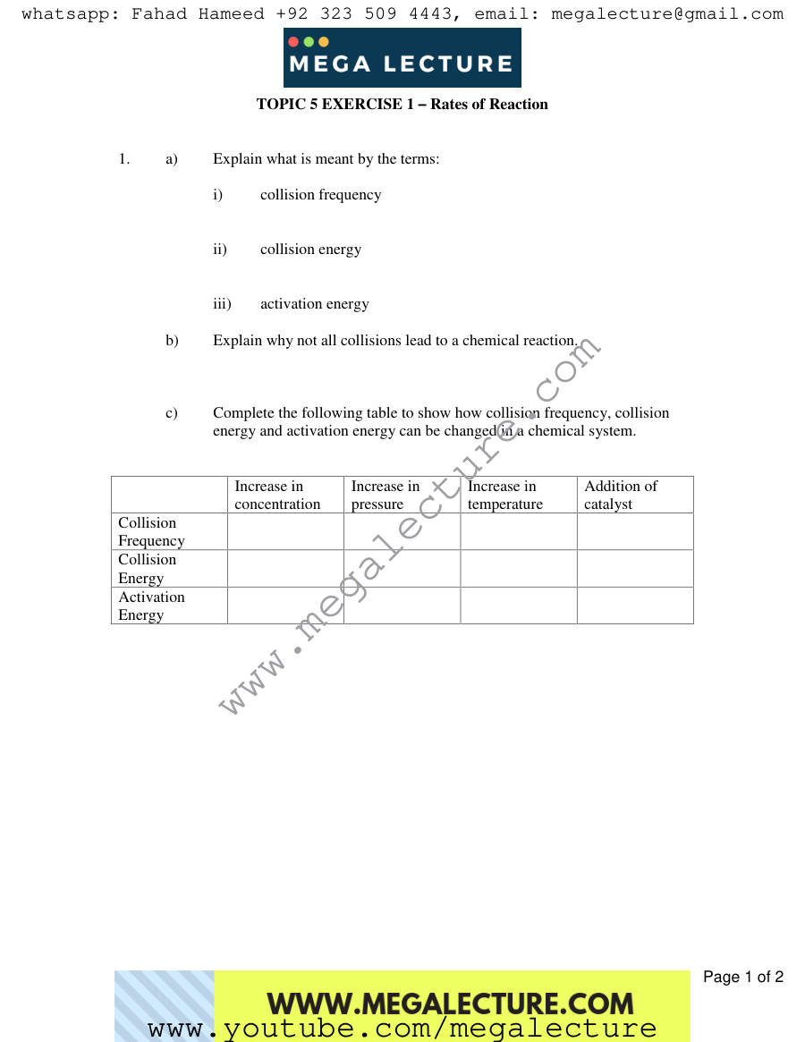 Page 1 of Exercise Rates Of Reaction — Worksheet